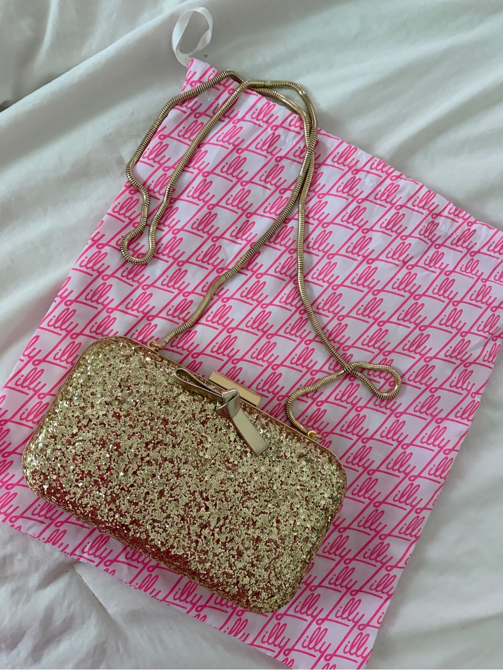 Lilly Pulitzer Gold Glitter Bow Wristlet Clutch with Chain